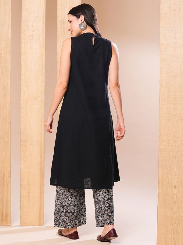Globus Women Black A-Line Kurta With Printed Palazzos
