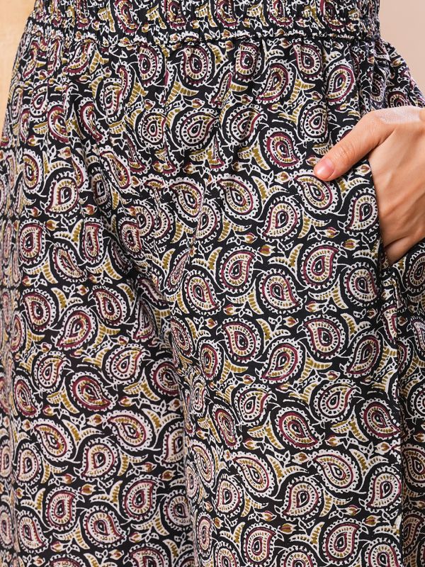 Globus Women Black A-Line Kurta With Printed Palazzos