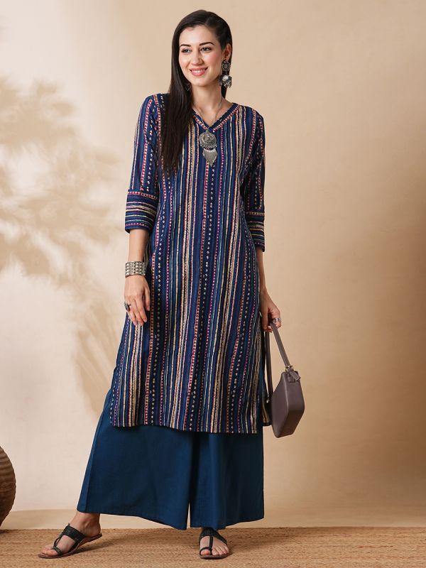 Globus Women Blue V-Neck Allover Geometric Stripe Printed Straight Kurta With Palazzos Workwear Set