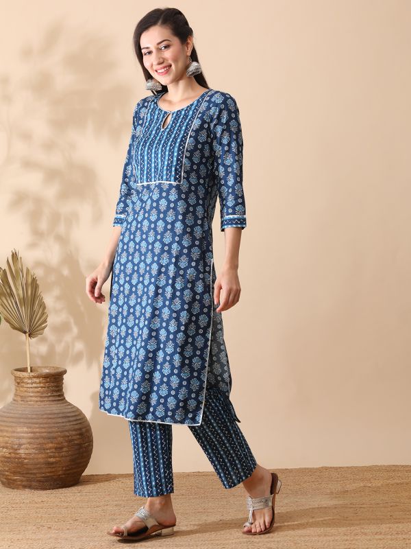 Globus Women Indigo Keyhole Neck Allover Ethnic Print Straight Kurta & Pants Workwear Set