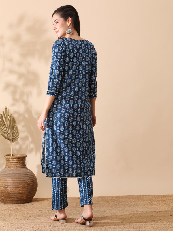 Globus Women Indigo Keyhole Neck Allover Ethnic Print Straight Kurta & Pants Workwear Set