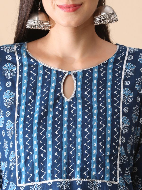 Globus Women Indigo Keyhole Neck Allover Ethnic Print Straight Kurta & Pants Workwear Set