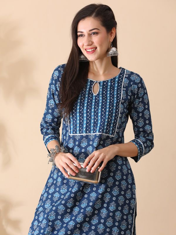 Globus Women Indigo Keyhole Neck Allover Ethnic Print Straight Kurta & Pants Workwear Set