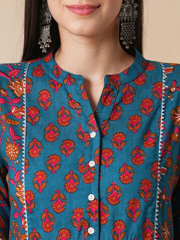 Globus Women Blue Floral Printed Gotta Lace Gathered A-Line Kurta With Straight Pants Workwear Set