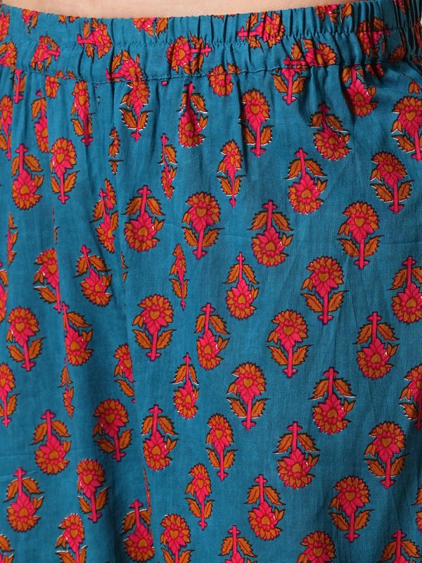 Globus Women Blue Floral Printed Gotta Lace Gathered A-Line Kurta With Straight Pants Workwear Set