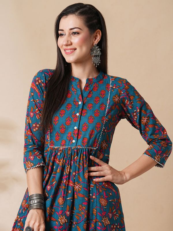 Globus Women Blue Floral Printed Gotta Lace Gathered A-Line Kurta With Straight Pants Workwear Set
