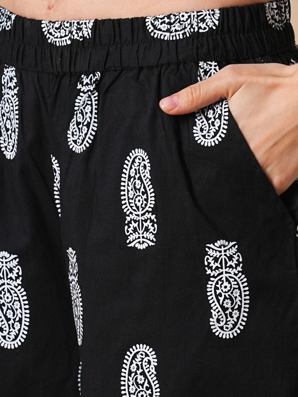 Globus Women Black Allover Paisley Printed Straight Kurta With Palazzos Workwear Set