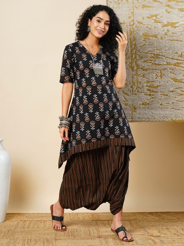Globus Women Black V-Neck Floral Printed Asymmetric Hem Tunic & Partially Elasticated Harem Pants Fusion Co-Ord Set