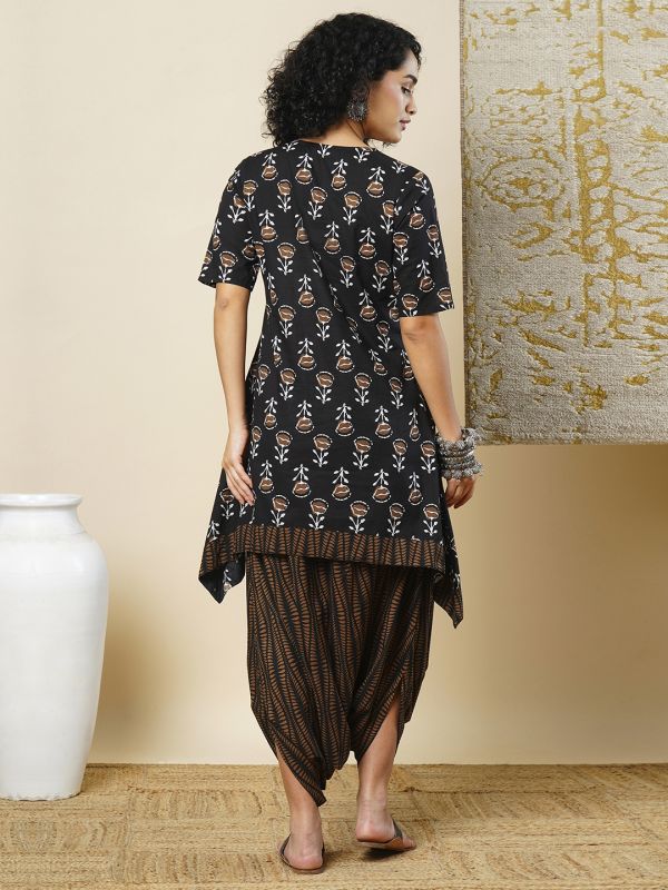 Globus Women Black V-Neck Floral Printed Asymmetric Hem Tunic & Partially Elasticated Harem Pants Fusion Co-Ord Set
