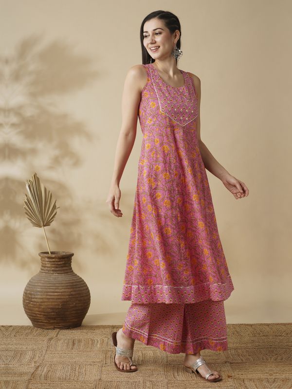 Globus Women Pink Floral Yoke Design Panelled A-Line Kurta & Printed Palazzos Set