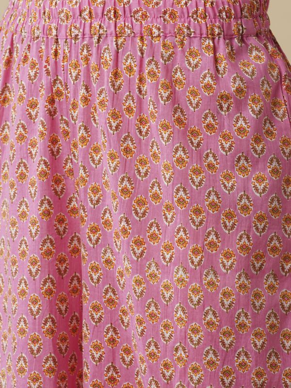 Globus Women Pink Floral Yoke Design Panelled A-Line Kurta & Printed Palazzos Set