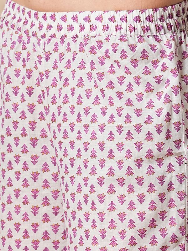 Globus Women Off-White Allover Floral Printed High Slit A-Line Nyra Cut Workwear Kurta With Pants
