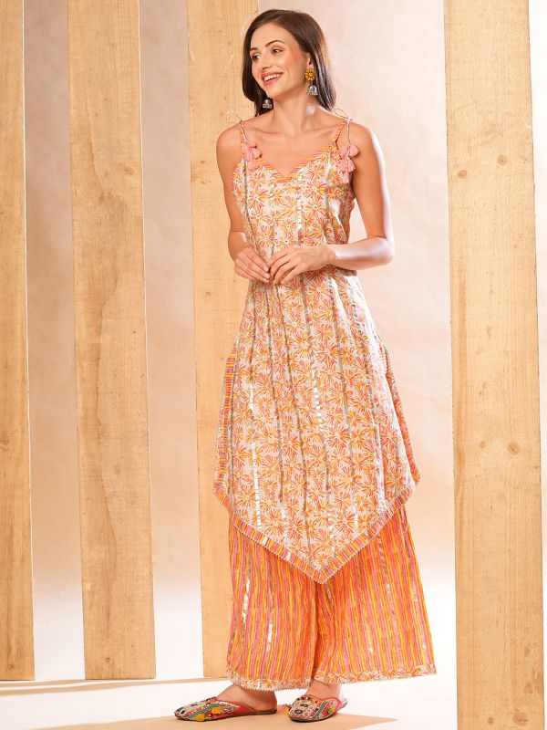 Globus Women Multi Allover Floral Printed Asymmetric Hem Straight Kurta With Palazzos