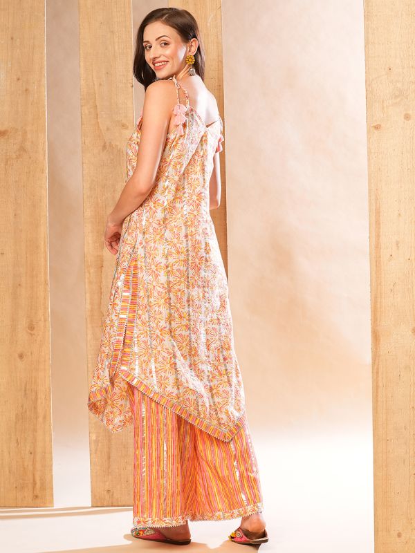 Globus Women Multi Allover Floral Printed Asymmetric Hem Straight Kurta With Palazzos