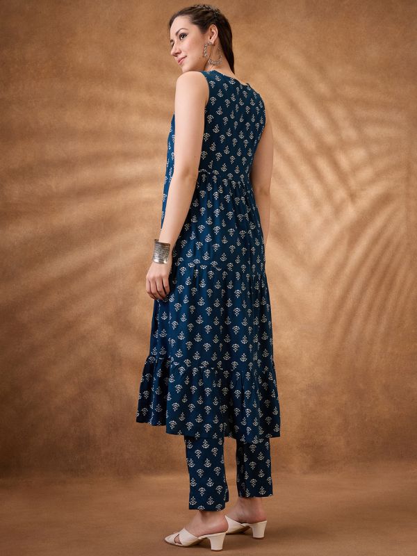 Globus Women Blue Embroidered Yoke Floral Print Tiered A-Line Kurta With Narrow Pants Set