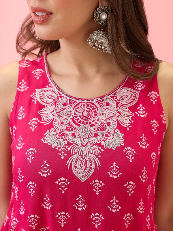 Globus Women Pink Embroidered Yoke Floral Print Tiered A-Line Festive Kurta & Pants Set