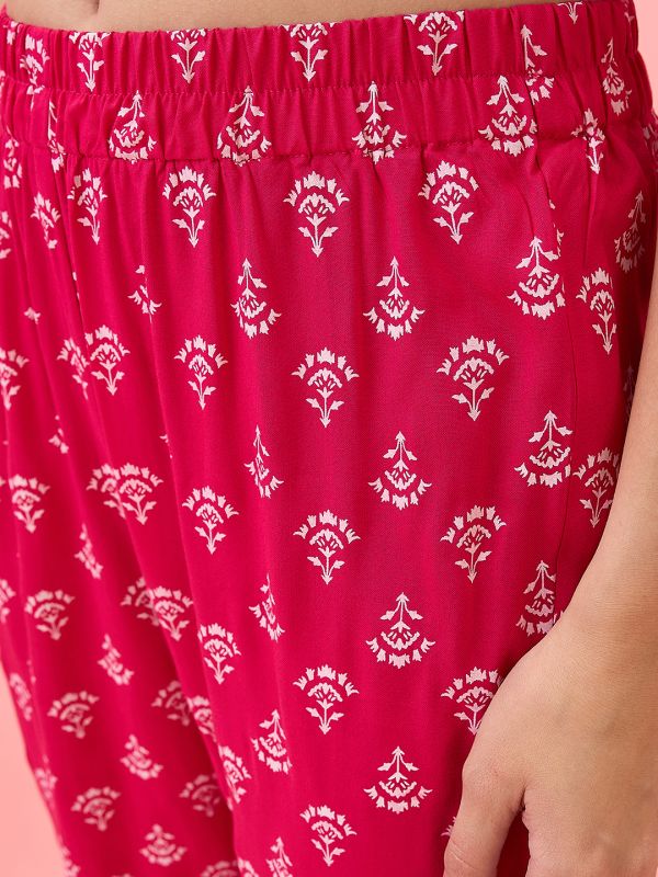 Globus Women Pink Embroidered Yoke Floral Print Tiered A-Line Festive Kurta & Pants Set