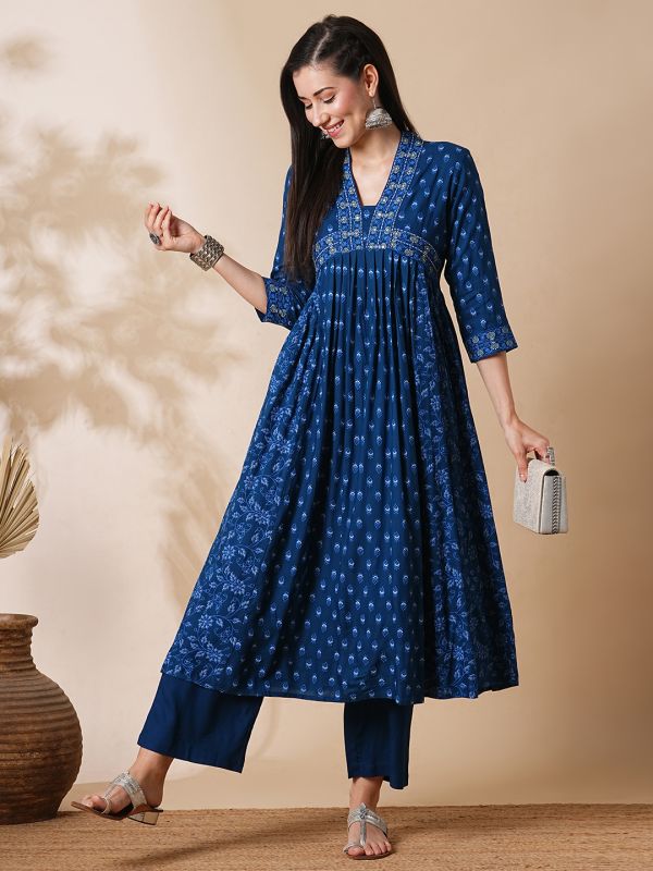 Globus Women Blue Allover Printed Pleated & Panelled A-Line Kurta With Narrow Pants Workwear Set