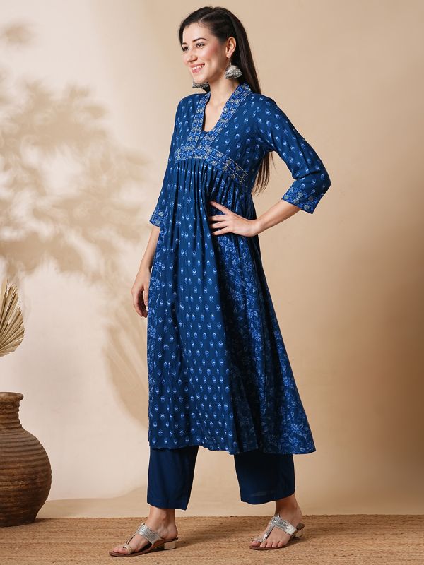 Globus Women Blue Allover Printed Pleated & Panelled A-Line Kurta With Narrow Pants Workwear Set