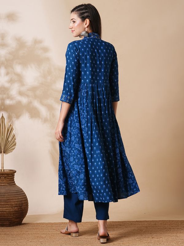 Globus Women Blue Allover Printed Pleated & Panelled A-Line Kurta With Narrow Pants Workwear Set