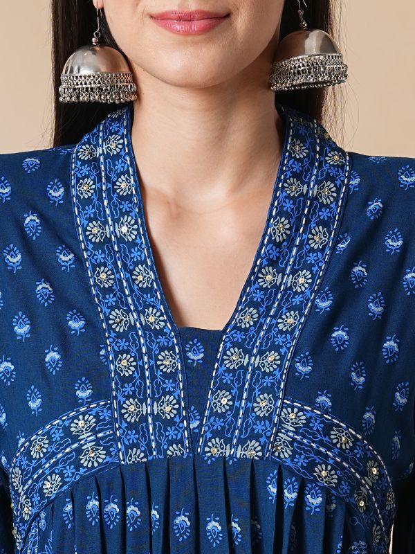 Globus Women Blue Allover Printed Pleated & Panelled A-Line Kurta With Narrow Pants Workwear Set