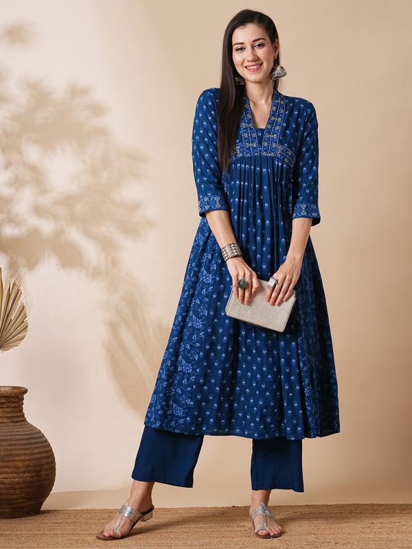 Globus Women Blue Allover Printed Pleated & Panelled A-Line Kurta With Narrow Pants Workwear Set