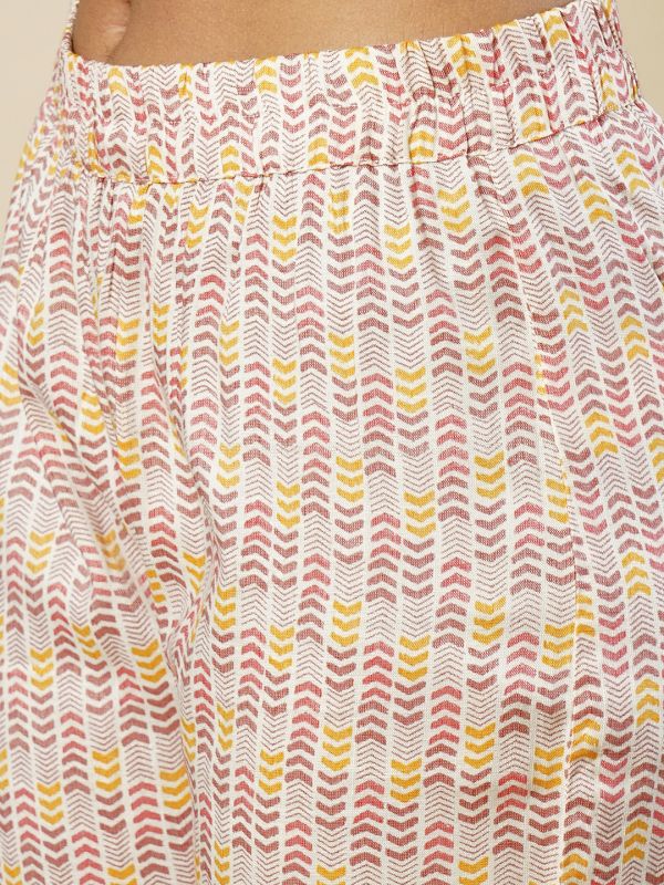 Globus Women Pink Mandarin Collar Abstract Print Panelled A-Line Workwear Kurta & Elasticated Waist Pants Sets