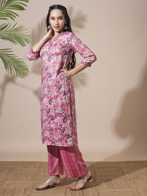 Globus Women Pink Floral Print V-Neck Straight Kurta With Elasticated Waist Pant Workwear Set