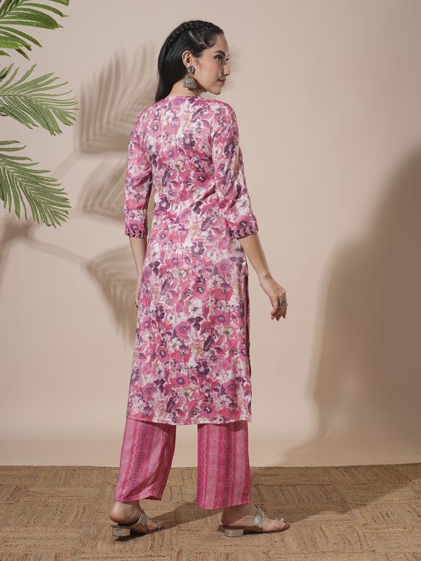 Globus Women Pink Floral Print V-Neck Straight Kurta With Elasticated Waist Pant Workwear Set