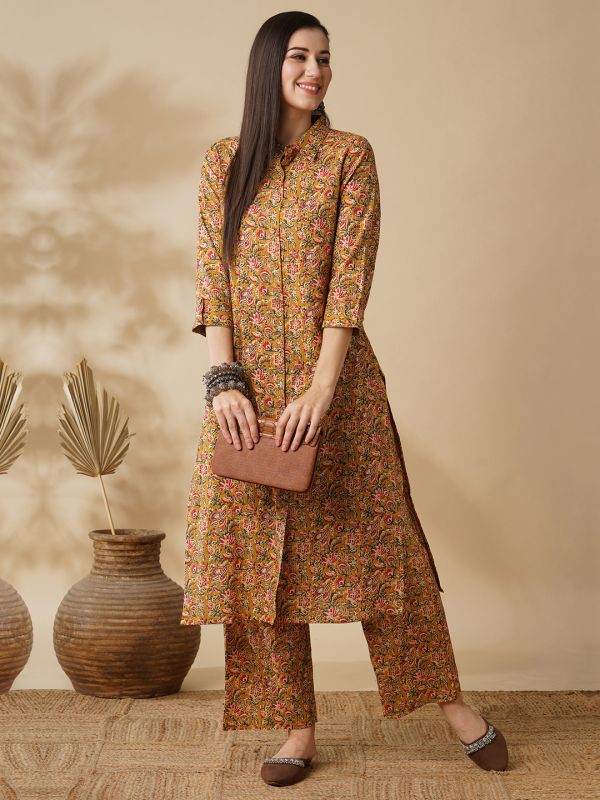 Globus Women Mustard Floral Printed Shirt Style Button Down A-Line Workwear Kurta & Trouser Set