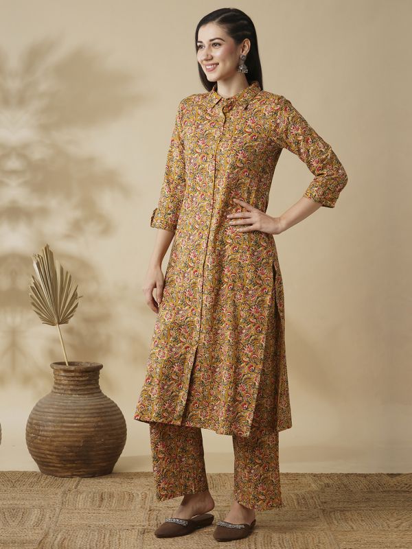 Globus Women Mustard Floral Printed Shirt Style Button Down A-Line Workwear Kurta & Trouser Set
