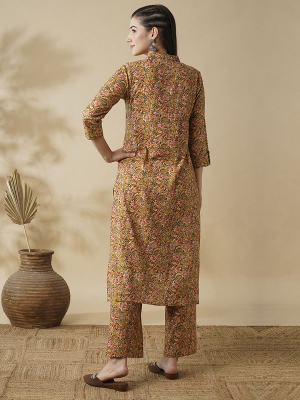 Globus Women Mustard Floral Printed Shirt Style Button Down A-Line Workwear Kurta & Trouser Set