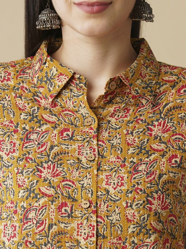 Globus Women Mustard Floral Printed Shirt Style Button Down A-Line Workwear Kurta & Trouser Set