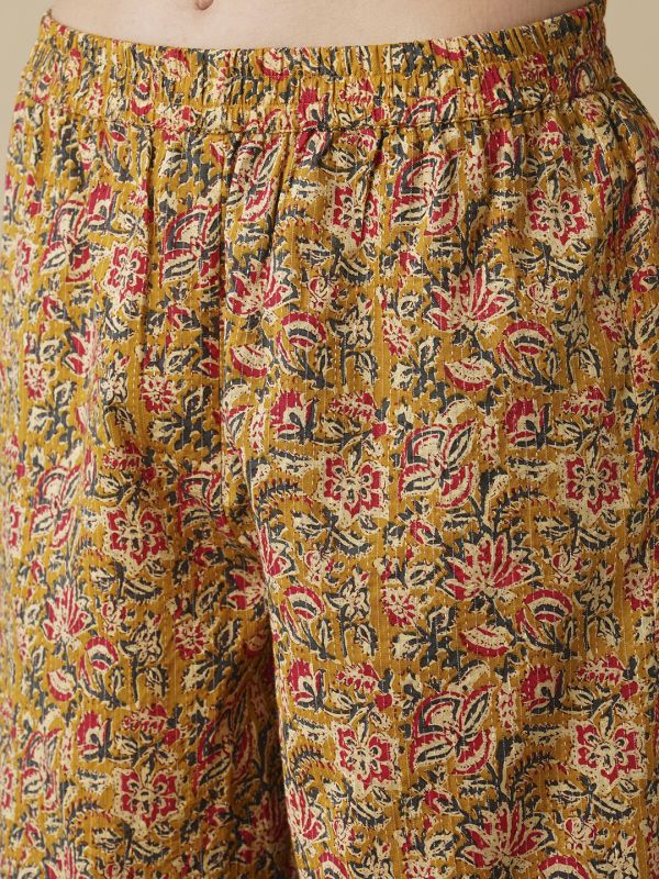 Globus Women Mustard Floral Printed Shirt Style Button Down A-Line Workwear Kurta & Trouser Set