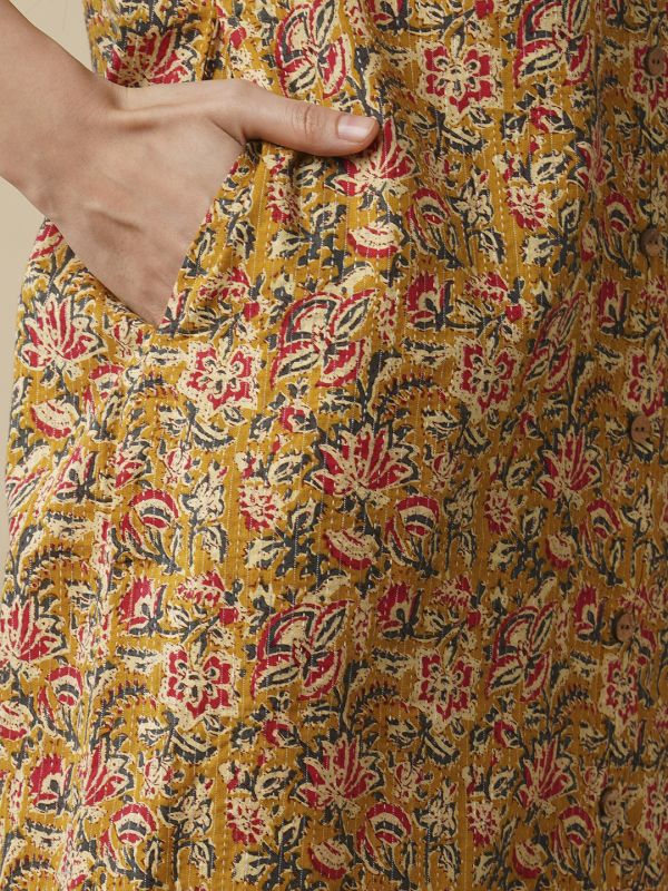 Globus Women Mustard Floral Printed Shirt Style Button Down A-Line Workwear Kurta & Trouser Set
