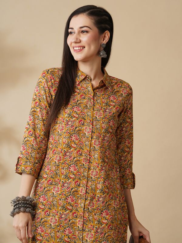 Globus Women Mustard Floral Printed Shirt Style Button Down A-Line Workwear Kurta & Trouser Set