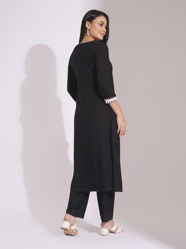 Globus Women Black V-Neck Embroidered Lace Details Calf Length A-Line Kurta With Pants Workwear Set