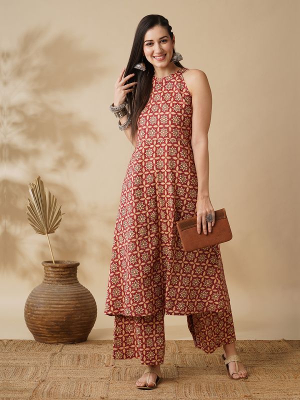 Globus Women Red Ethnic Motif Print Halter Neck A-Line Workwear  Kurta & Palazzos Set