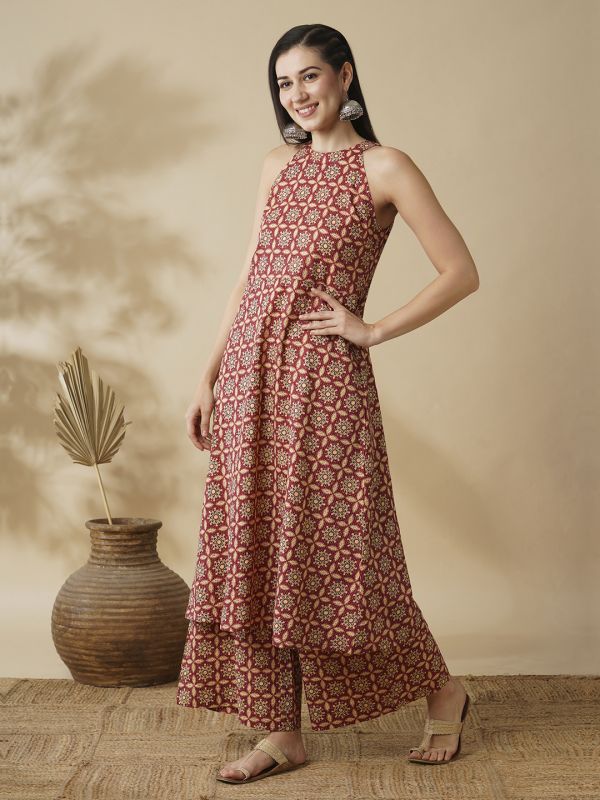 Globus Women Red Ethnic Motif Print Halter Neck A-Line Workwear  Kurta & Palazzos Set
