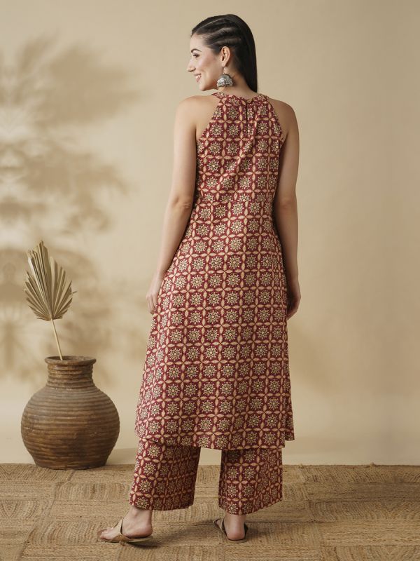 Globus Women Red Ethnic Motif Print Halter Neck A-Line Workwear  Kurta & Palazzos Set