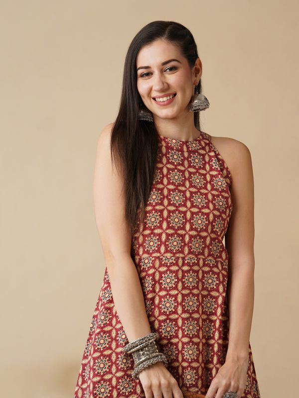 Globus Women Red Ethnic Motif Print Halter Neck A-Line Workwear  Kurta & Palazzos Set