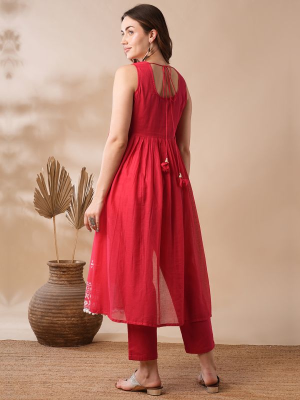 Globus Women Red Floral Embroidered Pleated High-Slit Pom Pom Hem A-Line Kurta & Pants Festive Set