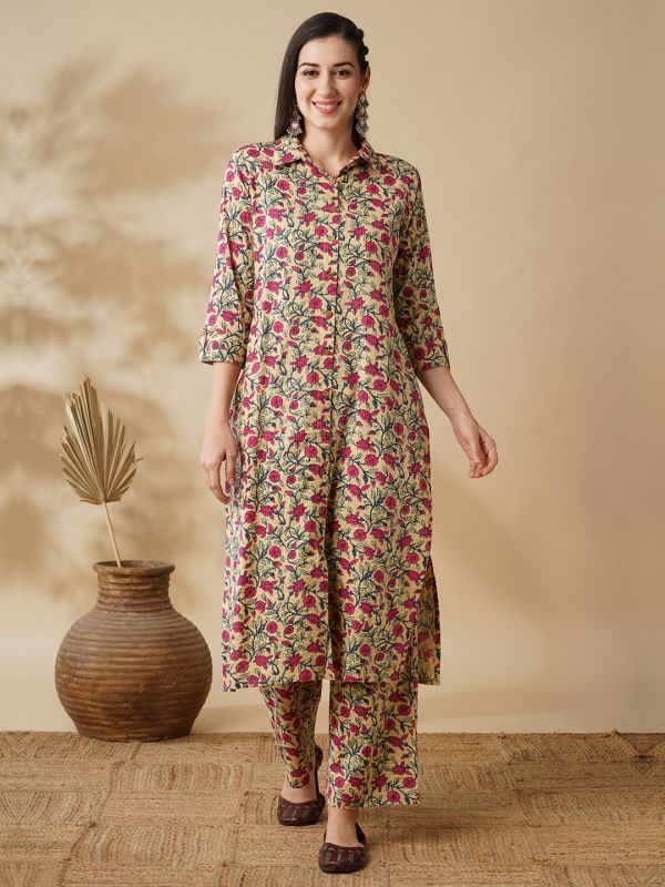 Globus Women Yellow Floral Printed Shirt Style Button Down A-Line Workwear Kurta & Trouser Set