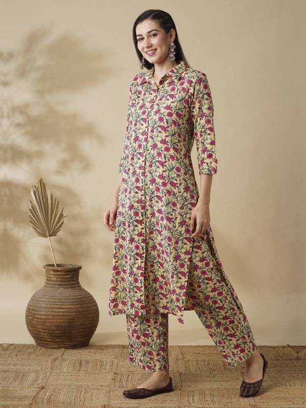 Globus Women Yellow Floral Printed Shirt Style Button Down A-Line Workwear Kurta & Trouser Set