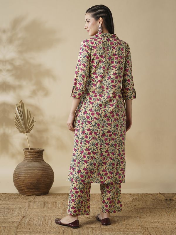 Globus Women Yellow Floral Printed Shirt Style Button Down A-Line Workwear Kurta & Trouser Set