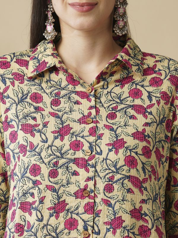 Globus Women Yellow Floral Printed Shirt Style Button Down A-Line Workwear Kurta & Trouser Set
