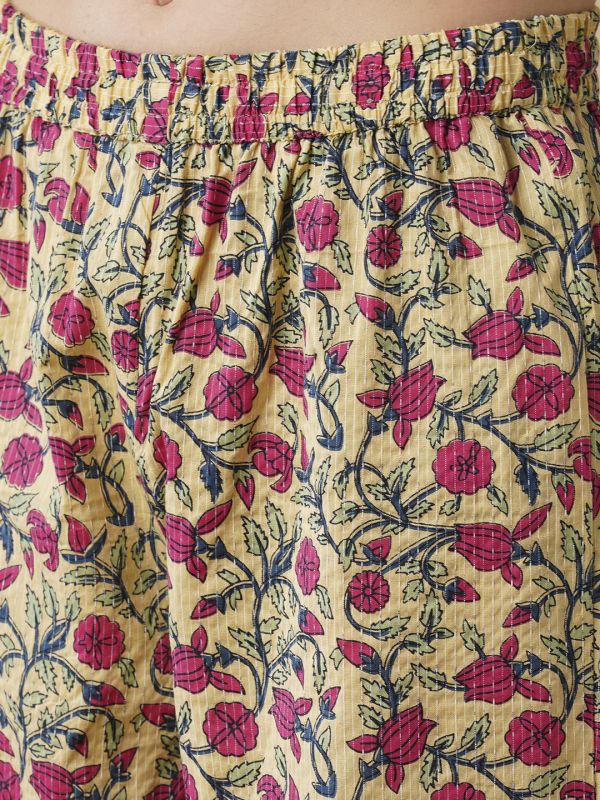 Globus Women Yellow Floral Printed Shirt Style Button Down A-Line Workwear Kurta & Trouser Set