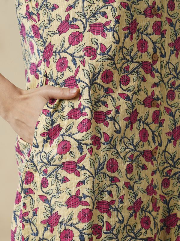 Globus Women Yellow Floral Printed Shirt Style Button Down A-Line Workwear Kurta & Trouser Set