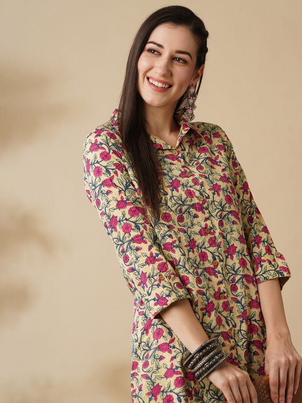 Globus Women Yellow Floral Printed Shirt Style Button Down A-Line Workwear Kurta & Trouser Set
