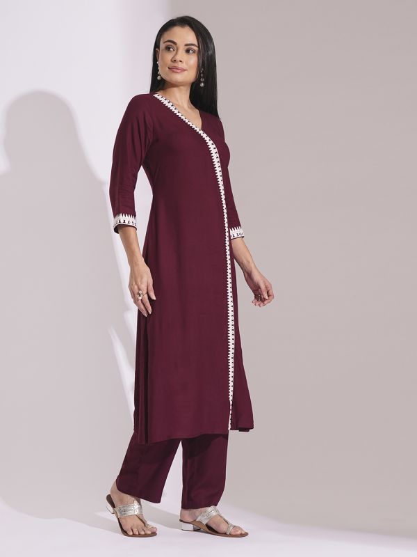 Globus Women Maroon V-Neck Embroidered Lace Details Calf Length A-Line Kurta With Pants Workwear Set